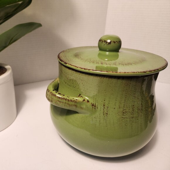 Vintage De Silva Green Terracotta Bean Pot Green Glazed Covered Casserole Dish - Picture 2 of 14